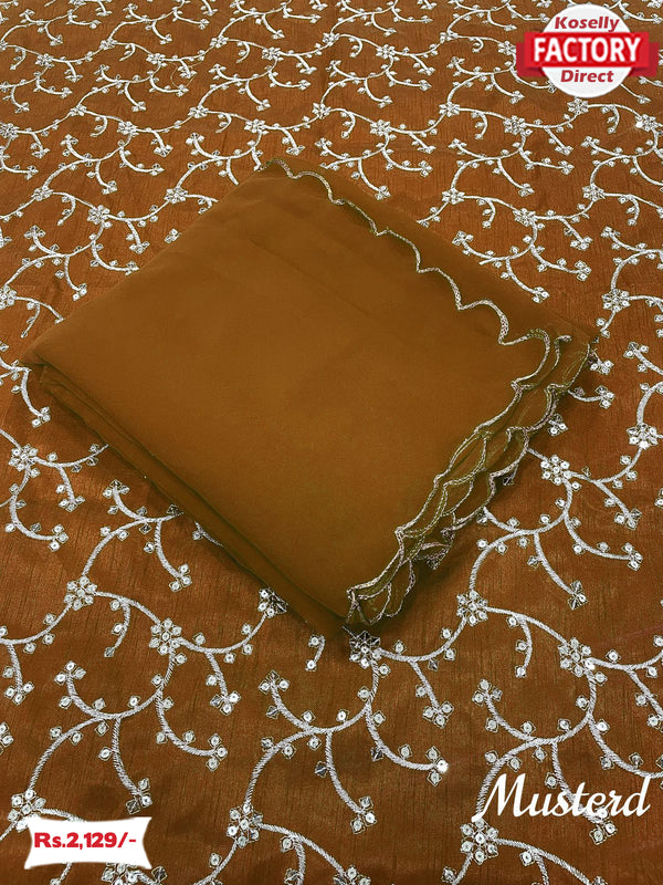 Mustard Yellow Pure Georgette Saree With Embroidered Blouse