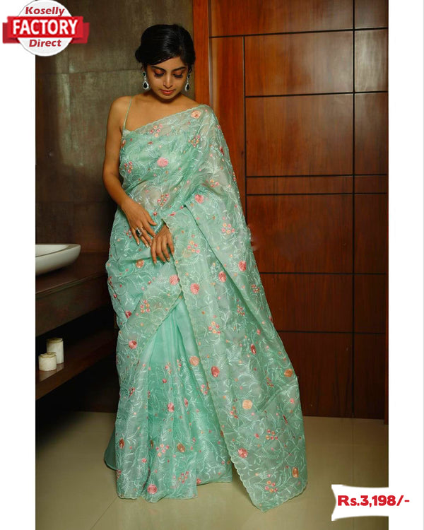 Green Embroidered Pure Organza Partywear Saree
