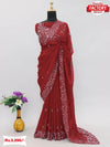 Dark Red Georgette Real Mirror Worked Saree