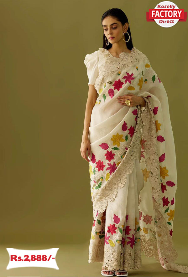 Designer White Fancy Embroidery Saree