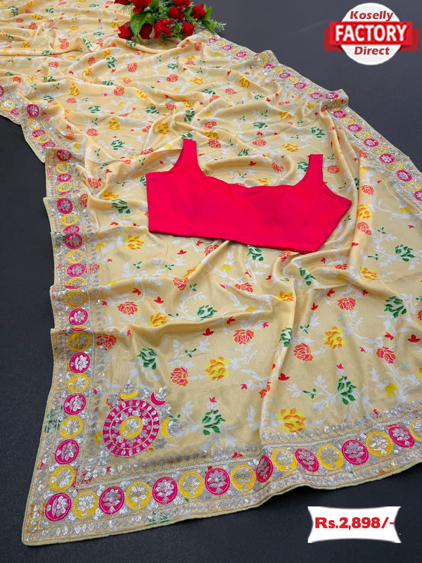 Yellow Chinon Silk Embroidered Saree