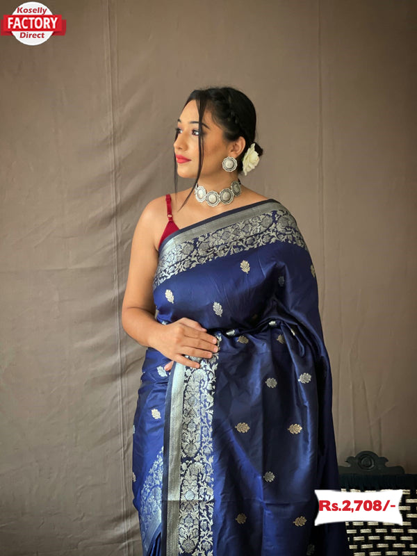 Navy Blue Pure Banarasi Silk Saree