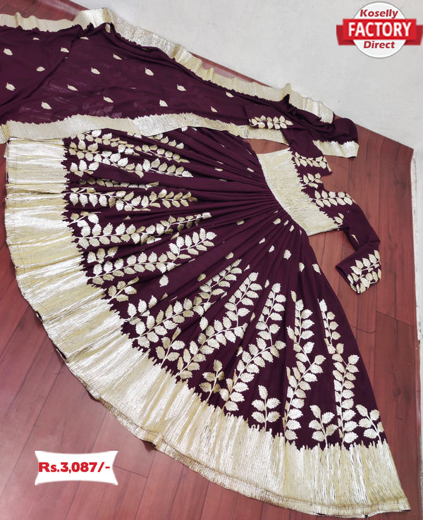 Wine Embroidered Partywear Gown with Dupatta