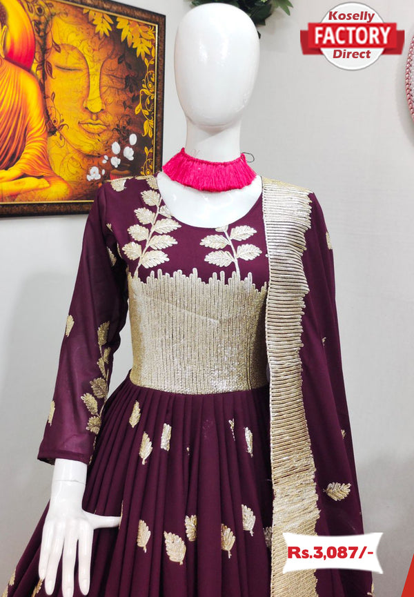 Wine Embroidered Partywear Gown with Dupatta