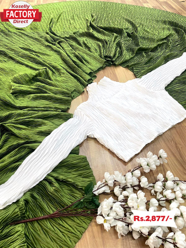 Parrot Green Heavy Silk Crush Pleated Saree