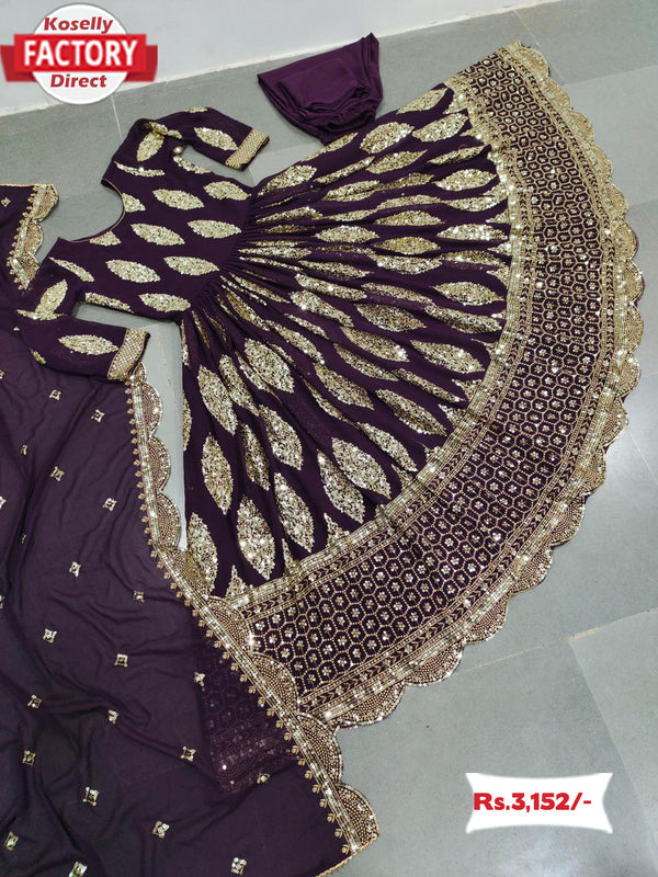 Wine Embroidered Partywear Gown Dupatta Set