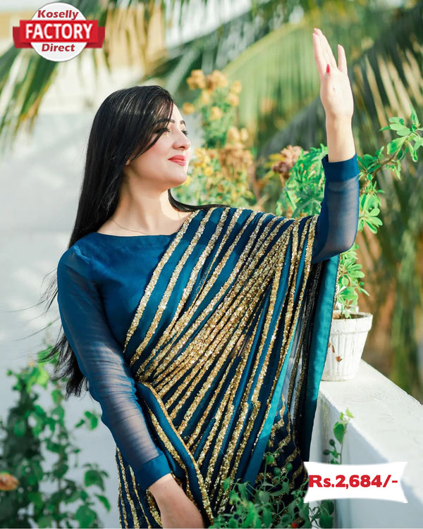 Teal Blue Designer Sequins Stripes Saree