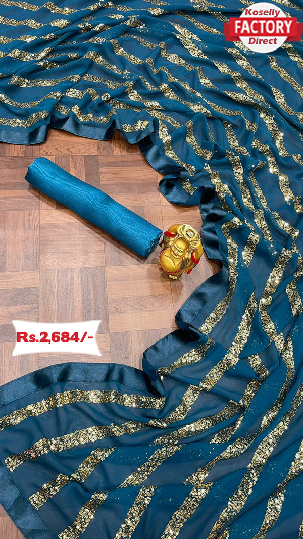 Teal Blue Designer Sequins Stripes Saree