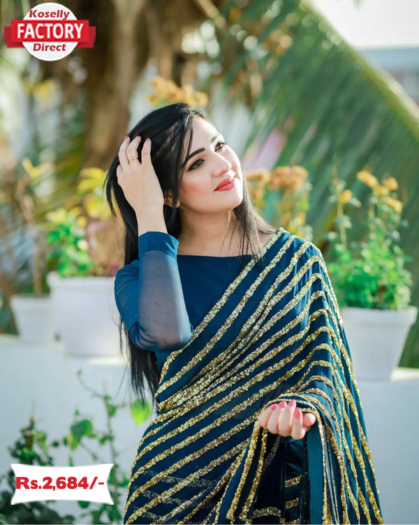 Teal Blue Designer Sequins Stripes Saree