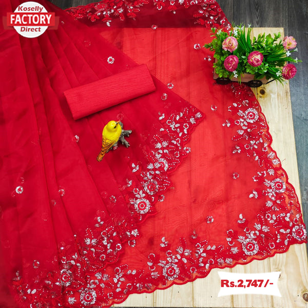 Red Silver Sequins Pure Organza Saree