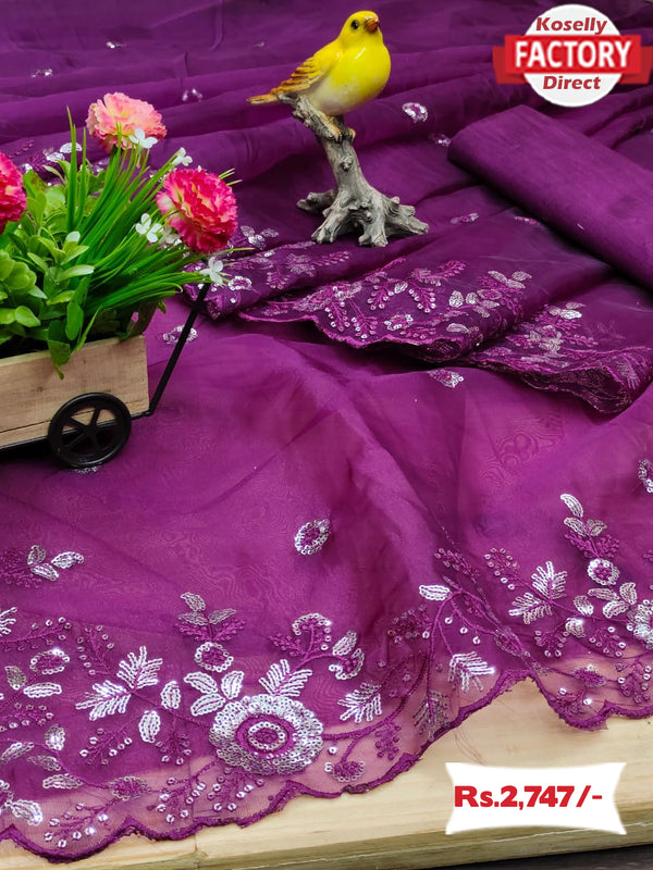 Wine Silver Sequins Pure Organza Saree