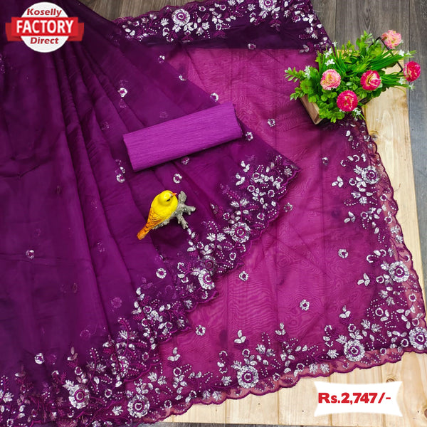 Wine Silver Sequins Pure Organza Saree
