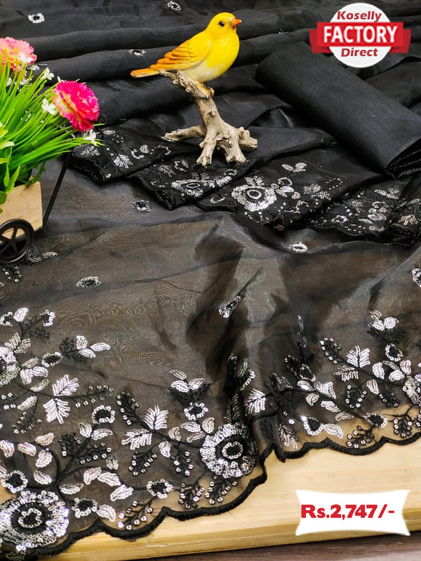Black Silver Sequins Pure Organza Saree