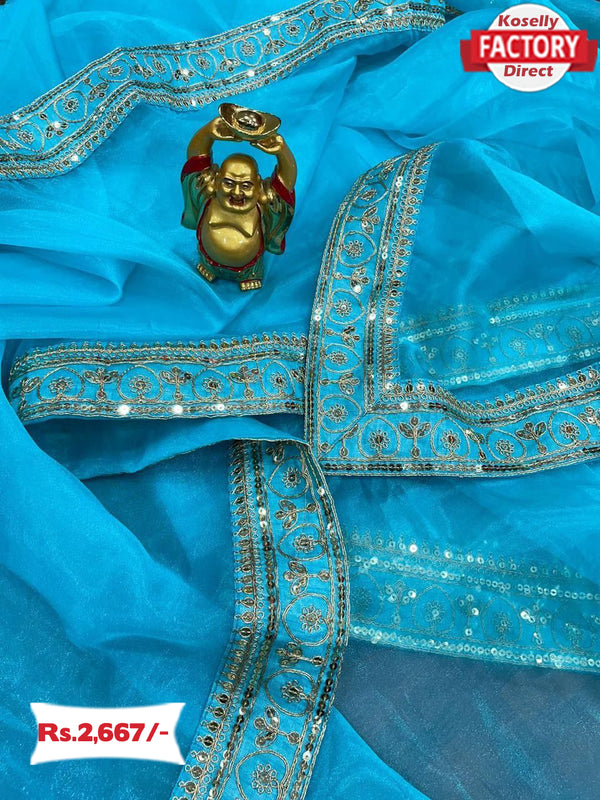 Sky Blue Organza Silk Partywear Saree