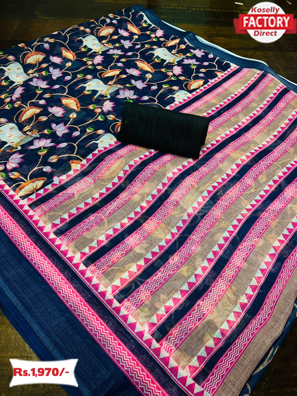 Navy Blue Linen Floral Saree