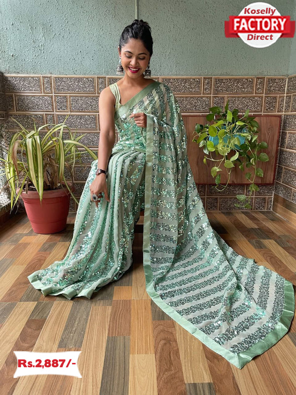 Sea Green Georgette Saree With Sequins Embroidery