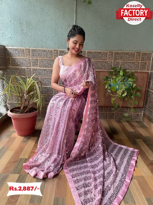 Onion Georgette Saree With Sequins Embroidery