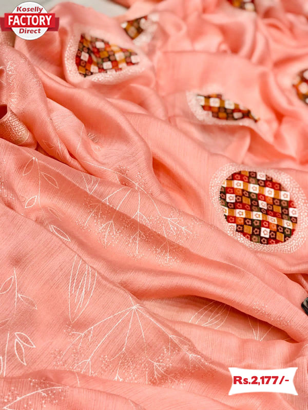 Peach Moss Chiffon Saree With Foil Embroidery