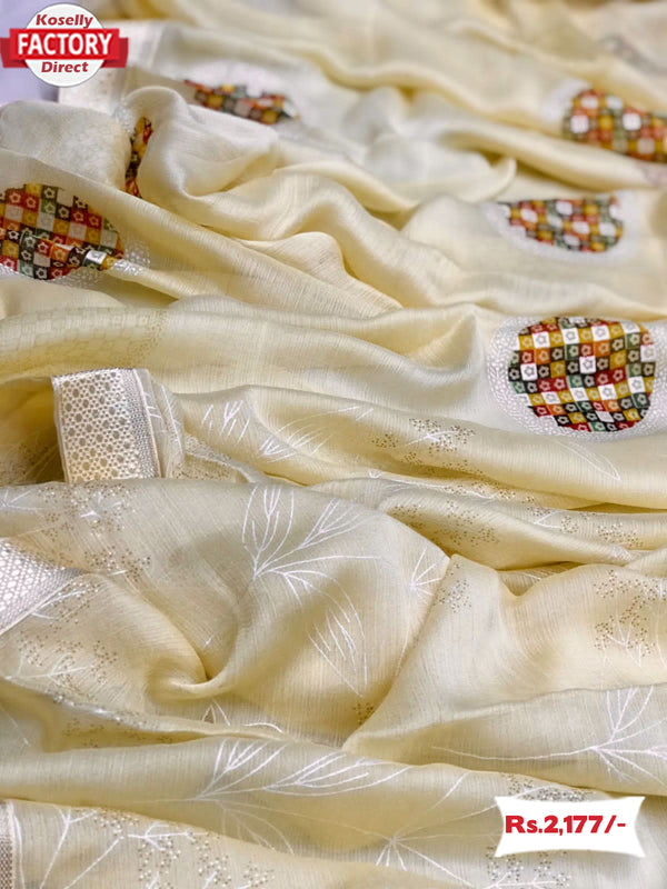 Cream Moss Chiffon Saree With Foil Embroidery