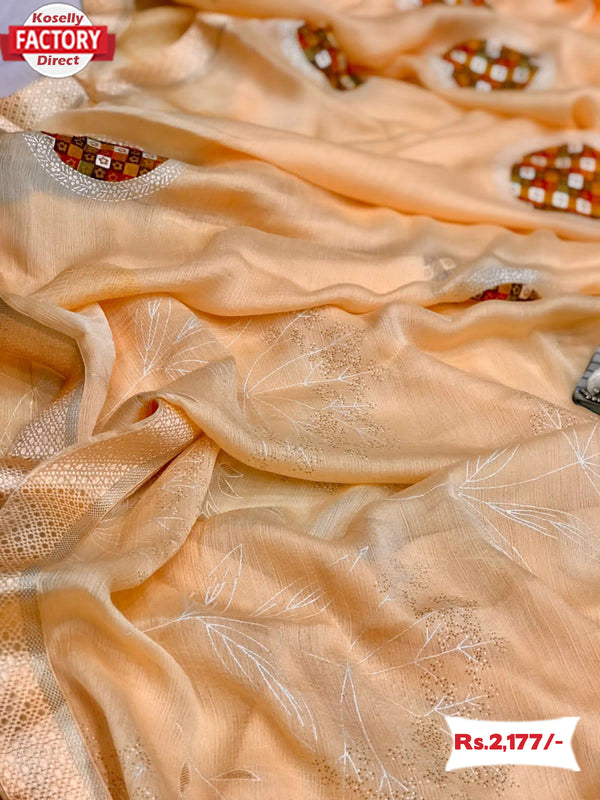 Light Orange Moss Chiffon Saree With Foil Embroidery
