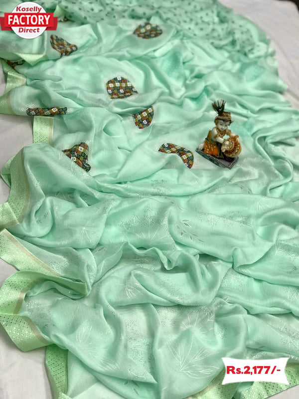 Sea Green Moss Chiffon Saree With Foil Embroidery
