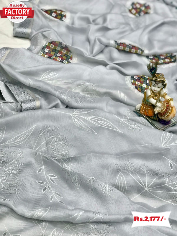 Silver Moss Chiffon Saree With Foil Embroidery