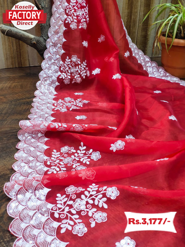 Red Organza Designer Partywear Saree
