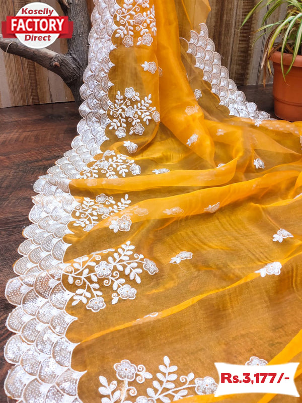 Yellow Organza Designer Partywear Saree