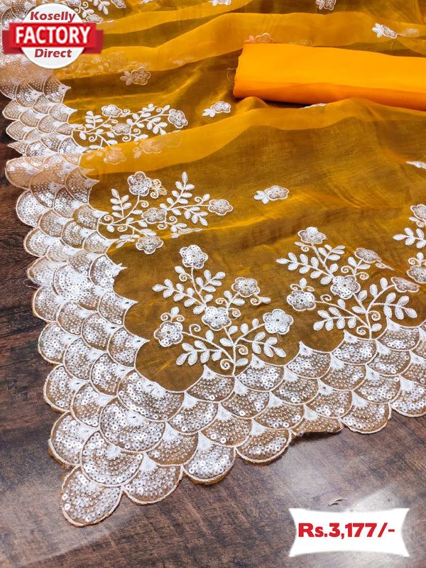 Yellow Organza Designer Partywear Saree