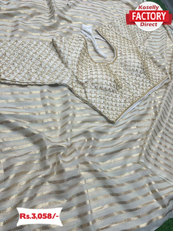 White Pure Georgette Zari Stripes Saree With Readymade Blouse