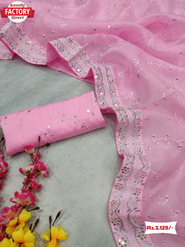 Baby Pink Organza Embroidered Saree