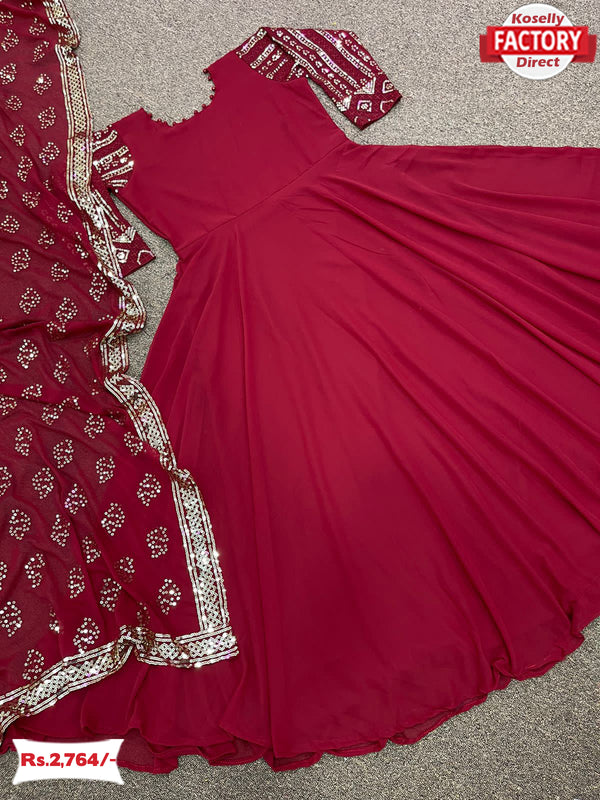 Maroon Georgette Gown With Embroidered Dupatta