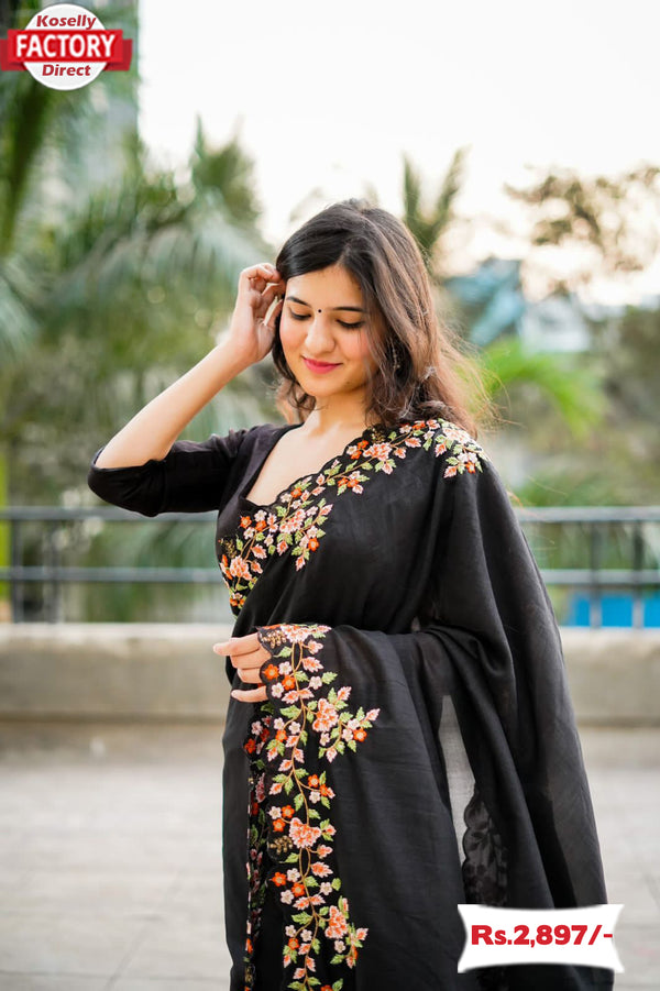 Black Silk Saree With Multi-thread Embroidery