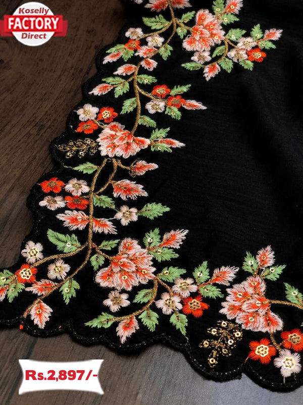 Black Silk Saree With Multi-thread Embroidery