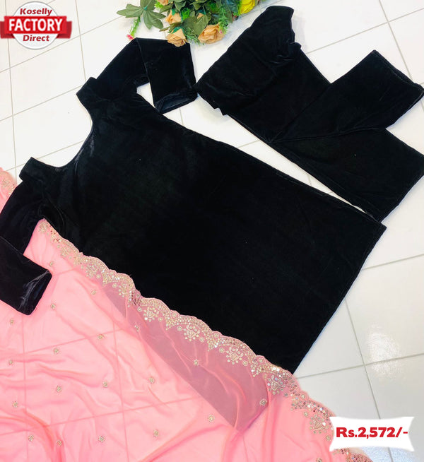 Black Velvet Kurtha Pant With Peach Dupatta