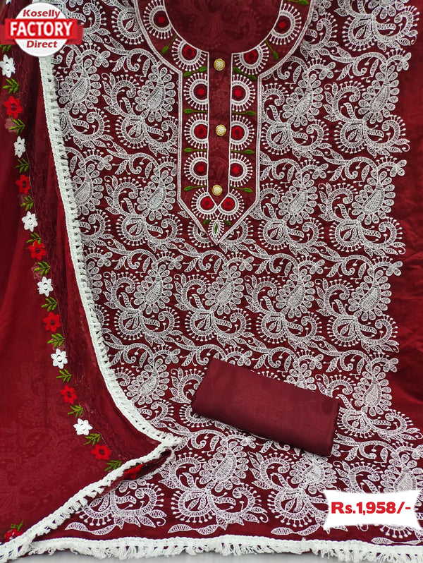Maroon Chikankari Embroidered Kurtha Suruwal Piece