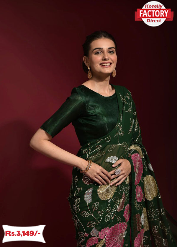 Dark Green Partywear Georgette Heavy Embroidered Saree
