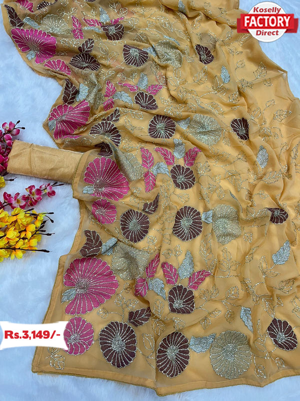 Cream Partywear Georgette Heavy Embroidered Saree