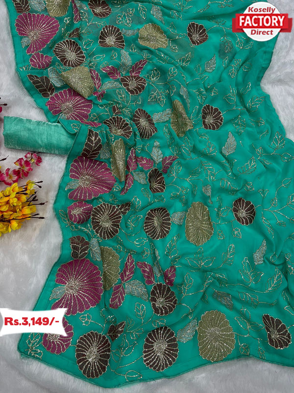 Sea Blue Partywear Georgette Heavy Embroidered Saree