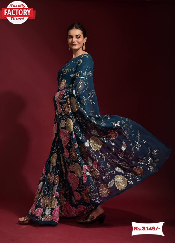 Deep Blue Partywear Georgette Heavy Embroidered Saree