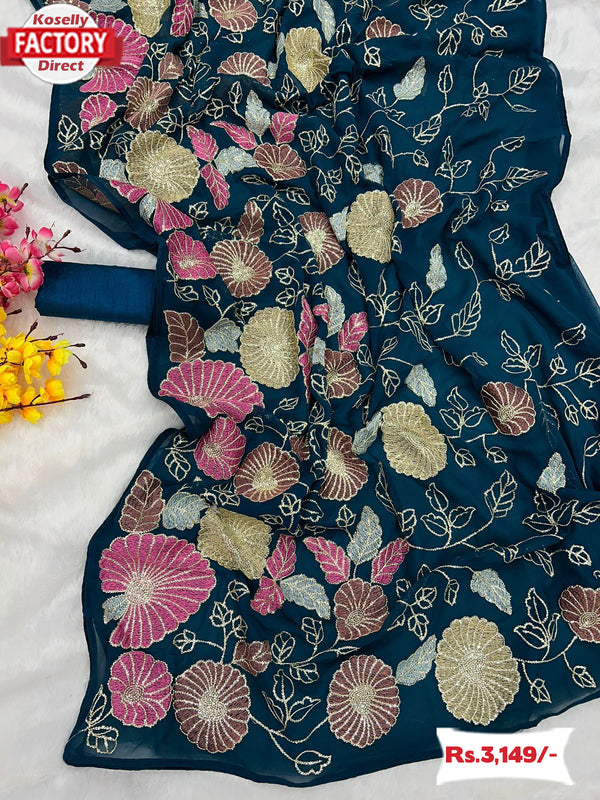 Deep Blue Partywear Georgette Heavy Embroidered Saree