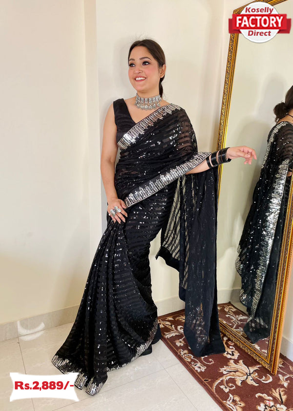 Black Silver Sequins Partywear Saree
