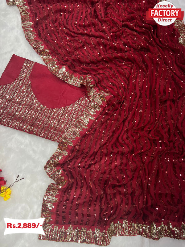 Red Silver Sequins Partywear Saree