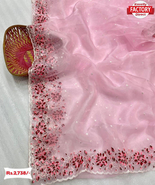 Light Pink Pure Organza Fancy Embroidered Saree