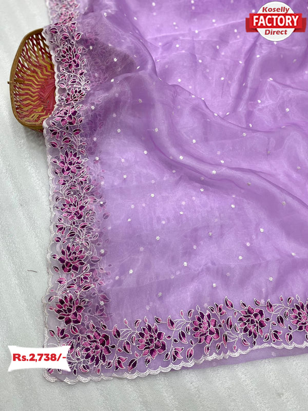 Lavender Pure Organza Fancy Embroidered Saree