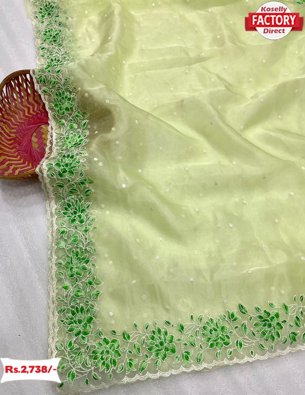 Light Green Pure Organza Fancy Embroidered Saree