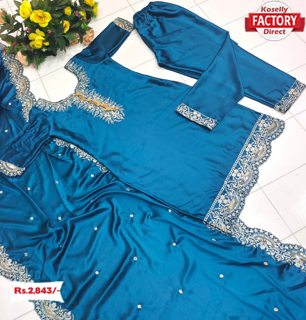 Royal Blue Silk Partywear Kurtha Pant Dupatta Set