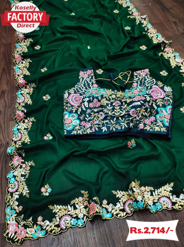 Designer Green Silk Saree With Embroidery