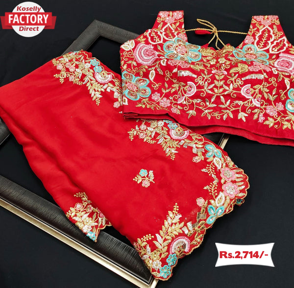 Designer Red Silk Saree With Embroidery