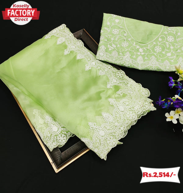 Designer Pista Green Organza Silk Saree With Embroidery